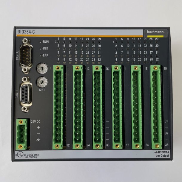 DIO264-C, CAN Slave - Digital IO module, 32x DI, 32x DIO, 24V / 1A, 2 groups, CAN/CANopen, 2x DSUB 9 (In/Out), up to 1Mbit/s, isolated
